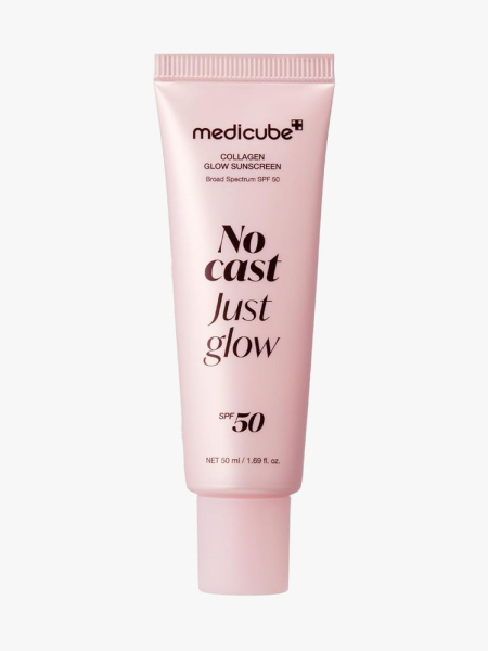 Medicube No Cast Just Glow Collagen Sunscreen SPF 50 in branded tube component on a light gray background