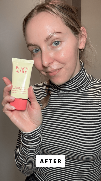 Allure beauty director Sarah Kinonen after applying the Peach  Lilys Beam Blocker Invisible Sunscreen