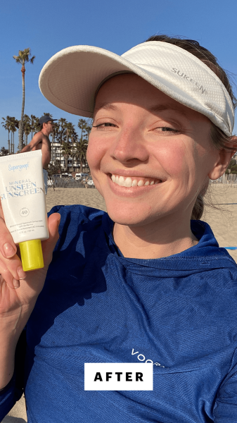Fowler after applying the Supergoop Mineral Unseen Sunscreen SPF 40